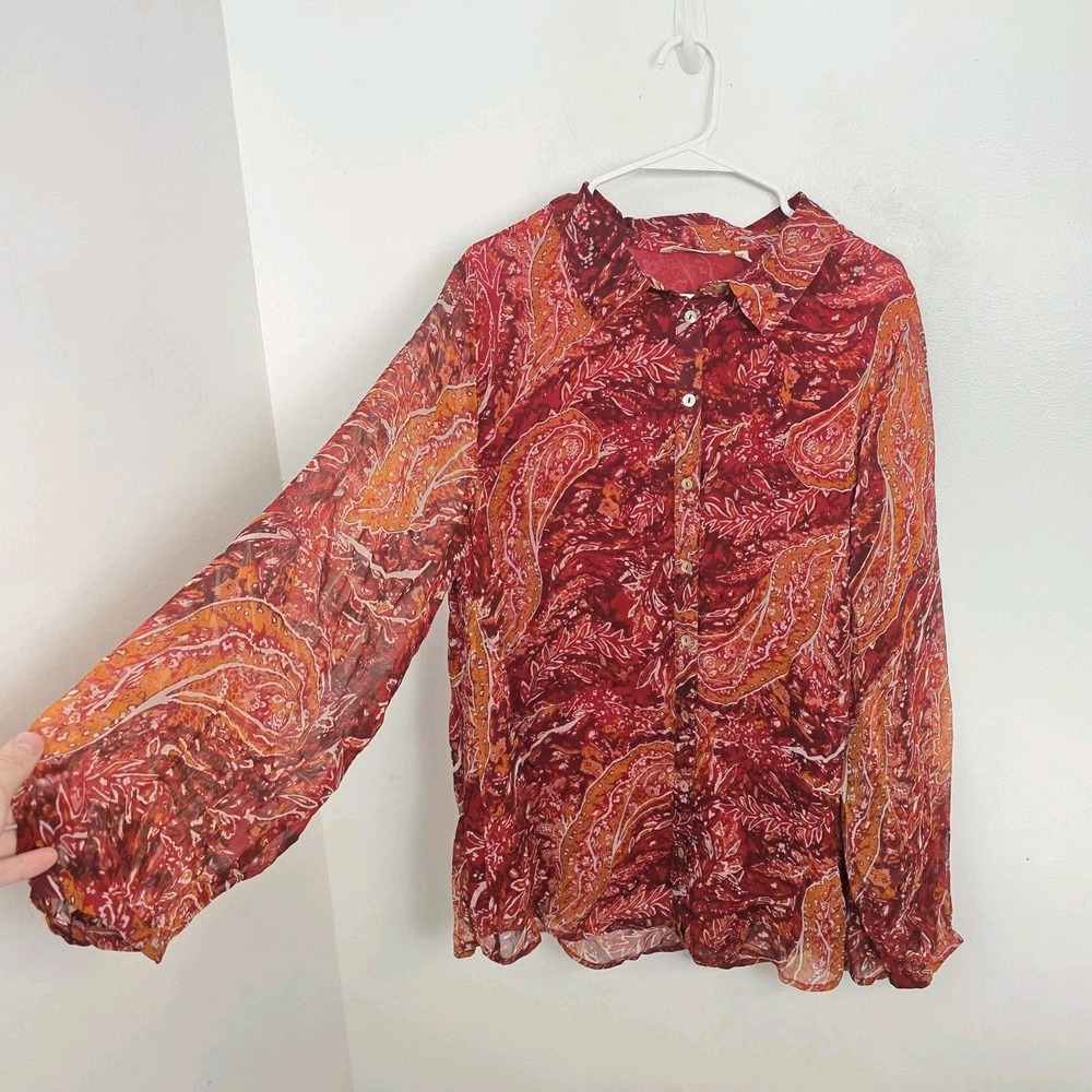 Soft Surroundings Red Orange Paisley Flowy Boho Fall Button Up Blouse Size 1X